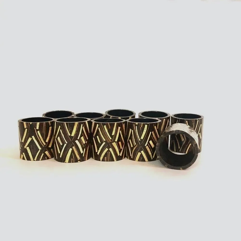 Vintage Pier 1 Napkin Rings Set 10 Wood Inlay Tribal Geometric Boho